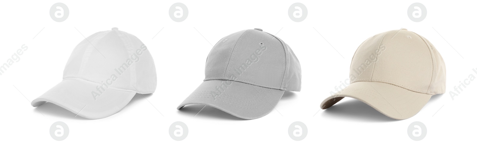 Image of Set with different baseball caps on white background. Mock up for design