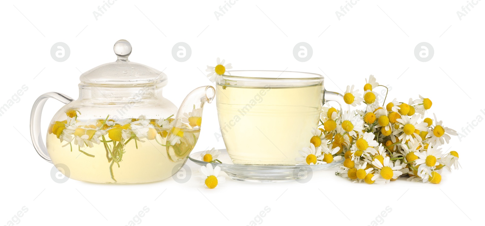 Photo of Aromatic herbal tea with chamomile flowers isolated on white