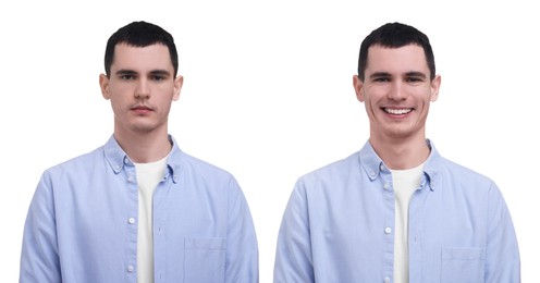 Image of Man showing different emotions on white background, collage