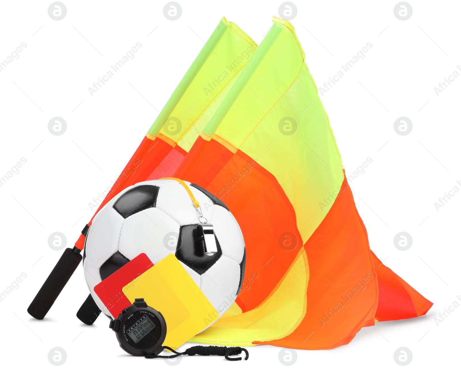 Photo of Soccer ball and different referee equipment isolated on white