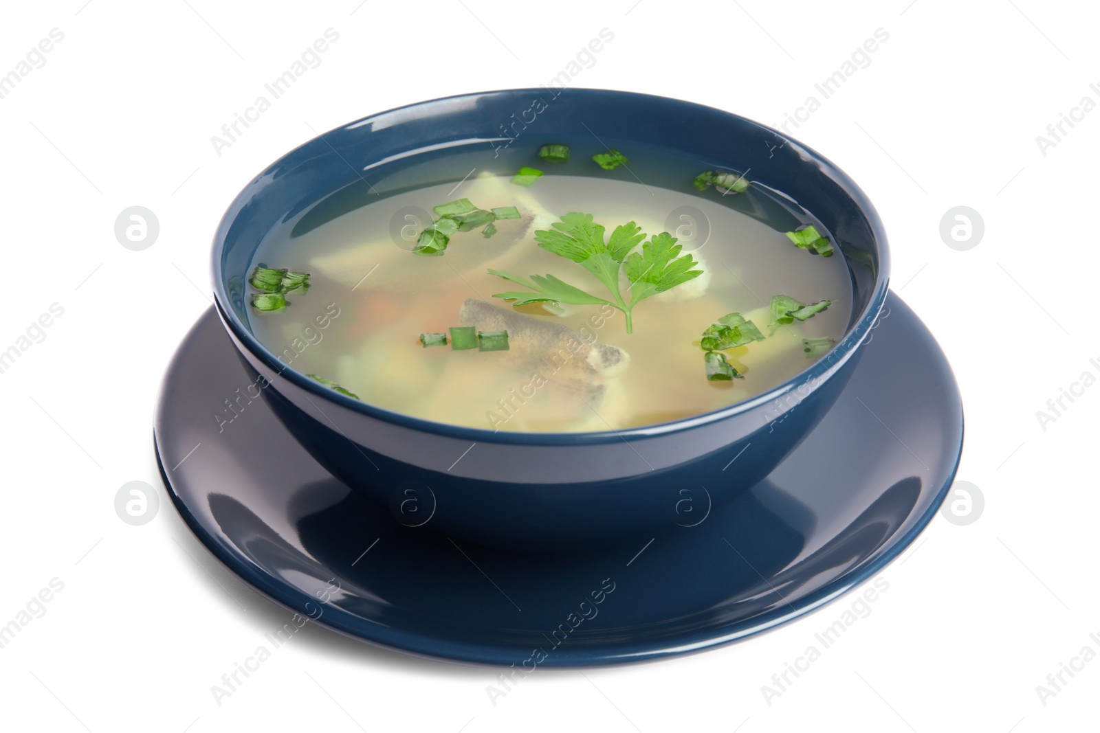 Photo of Delicious fish soup in bowl isolated on white