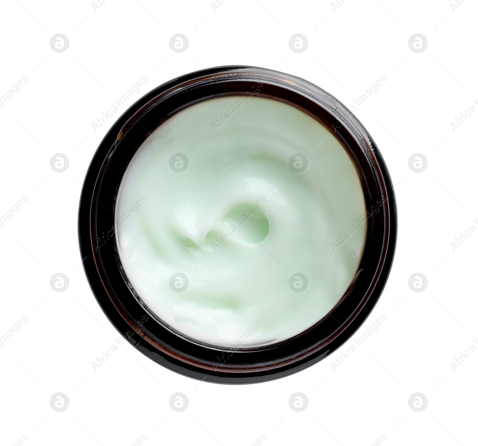 Photo of Jar of hand cream on white background, top view