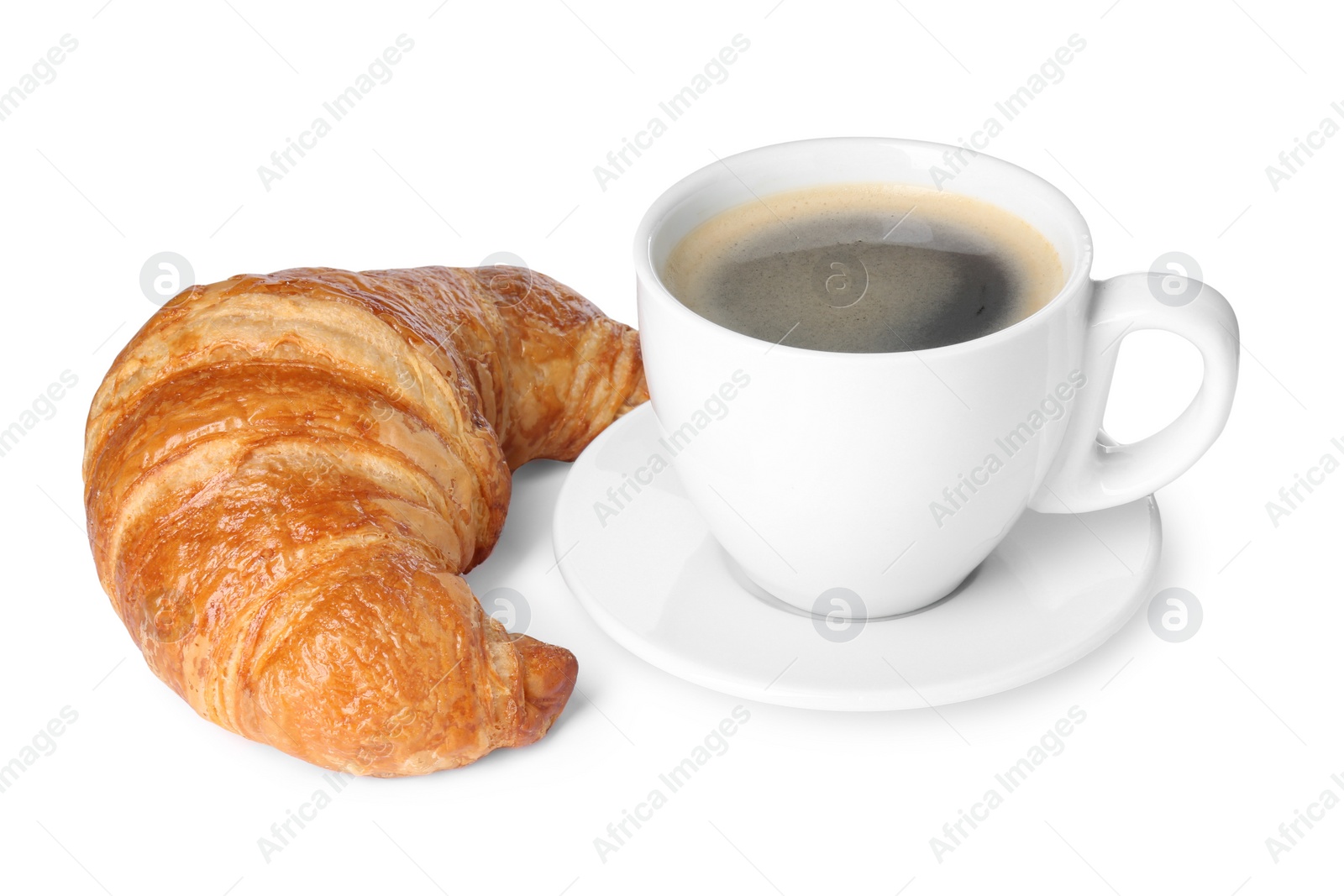 Photo of Delicious fresh croissant and cup of coffee isolated on white