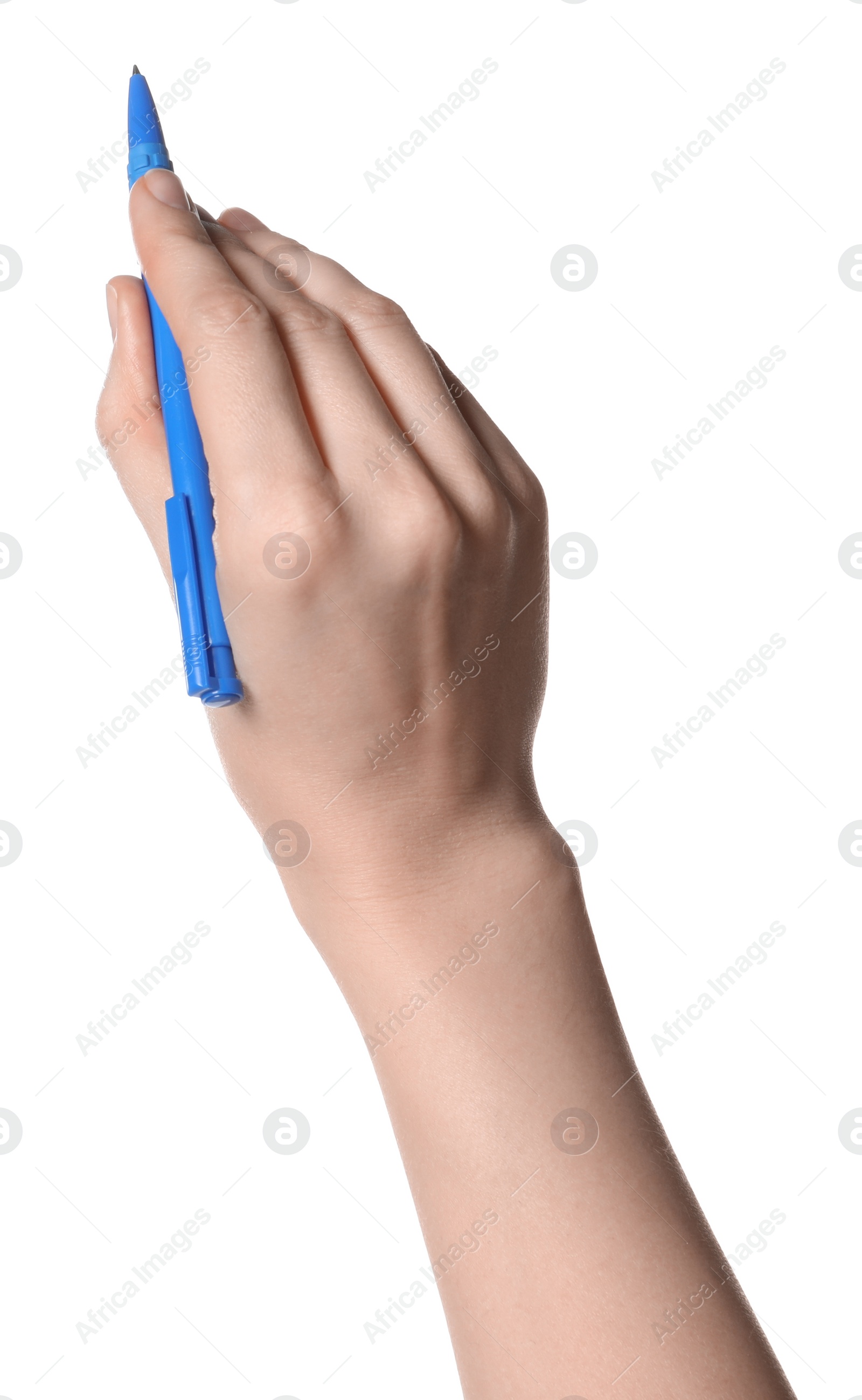 Photo of Woman holding pen on white background, closeup of hand