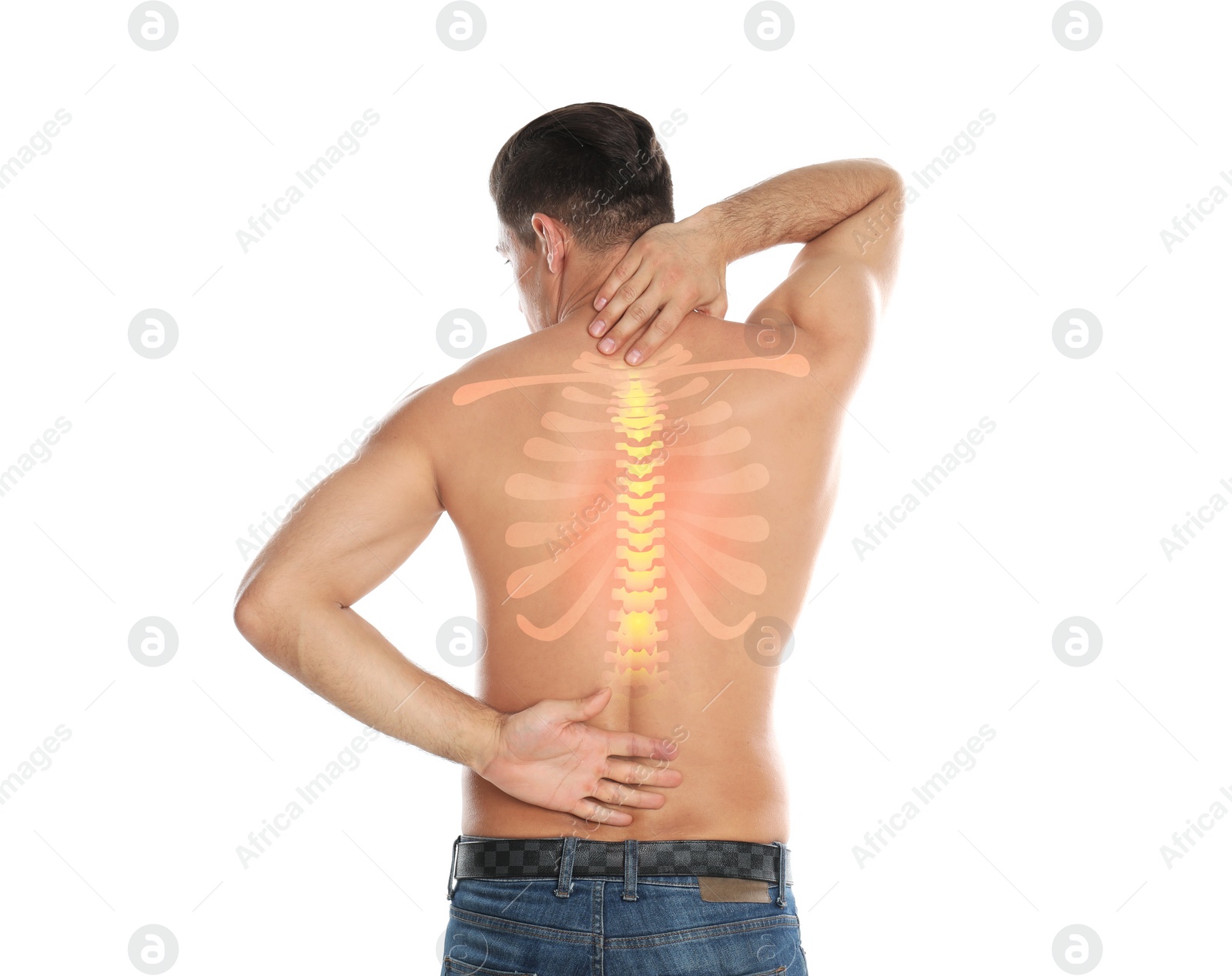 Image of Man suffering from pain in back on white background