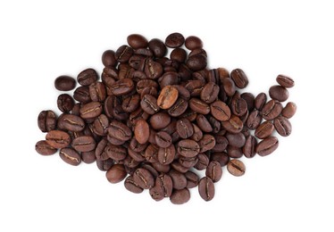 Photo of Pile of roasted coffee beans on white background, top view