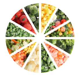 Image of Collage with different frozen vegetables on white background, top view