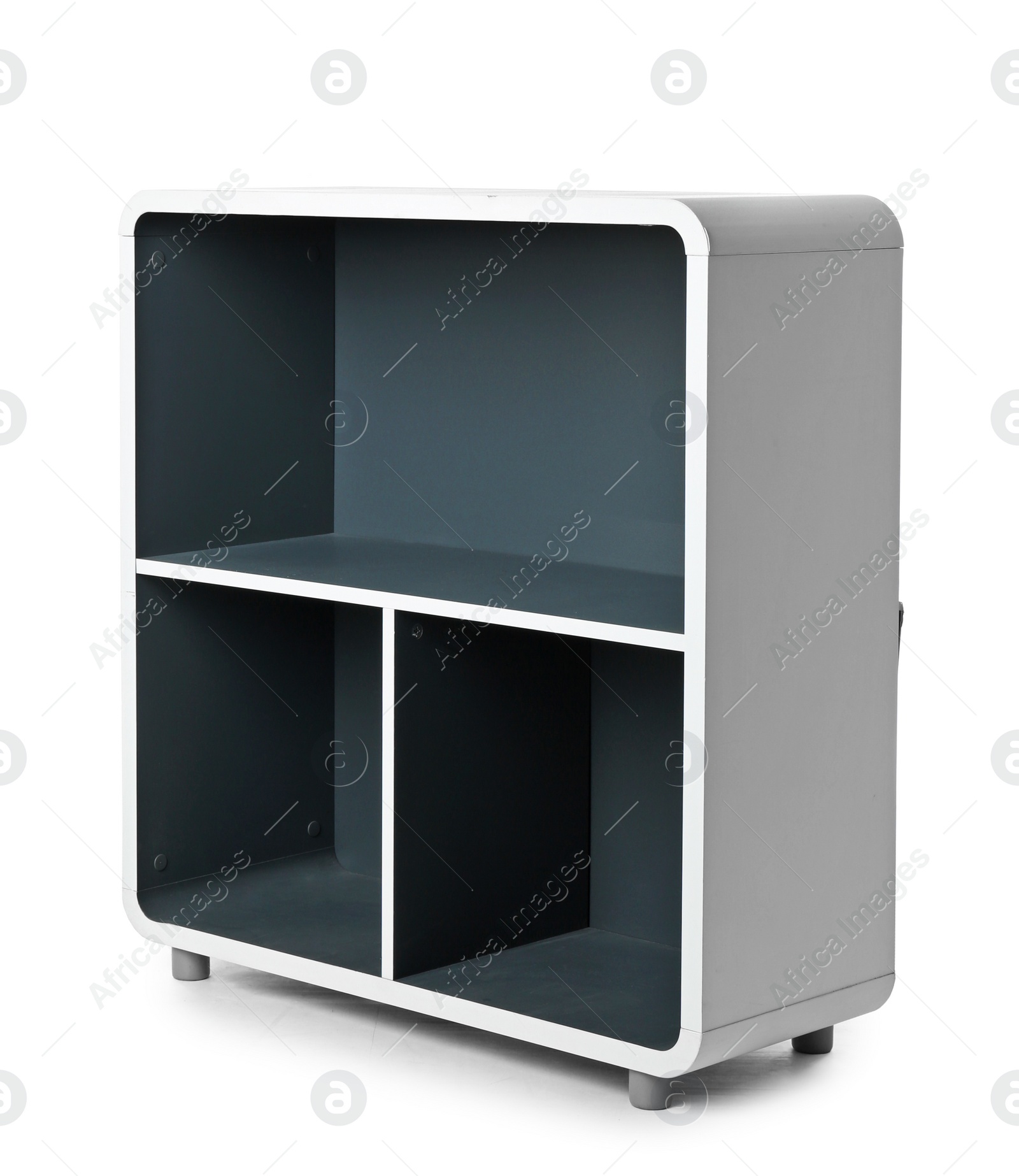 Photo of Stylish shelving unit with empty compartments on white background. Furniture for wardrobe room