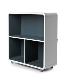 Photo of Stylish shelving unit with empty compartments on white background. Furniture for wardrobe room