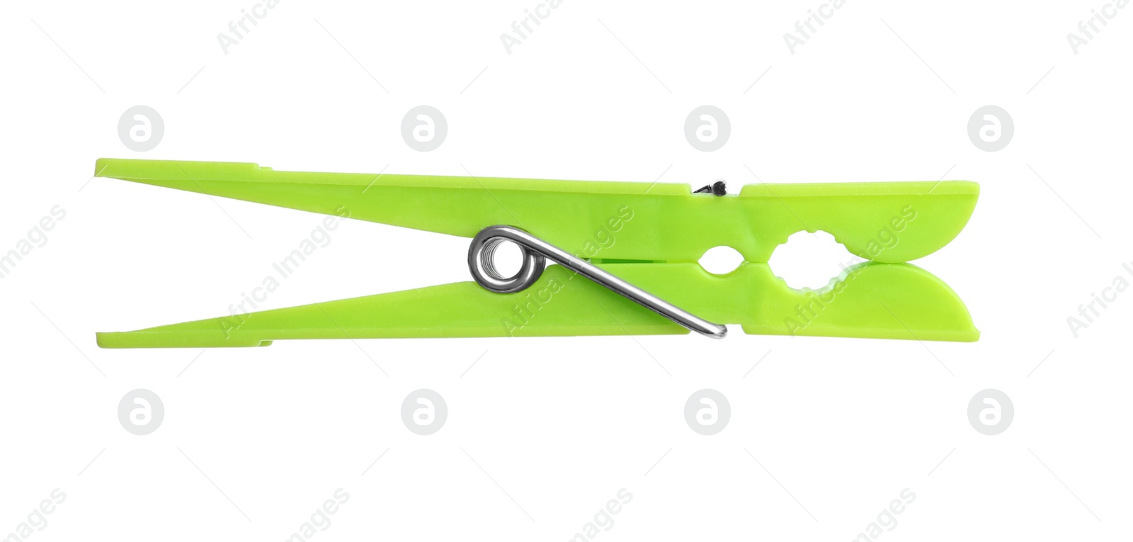 Photo of Bright green plastic clothespin isolated on white