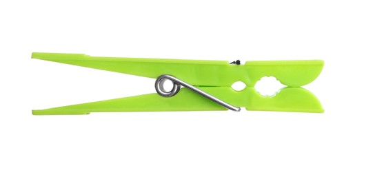 Photo of Bright green plastic clothespin isolated on white