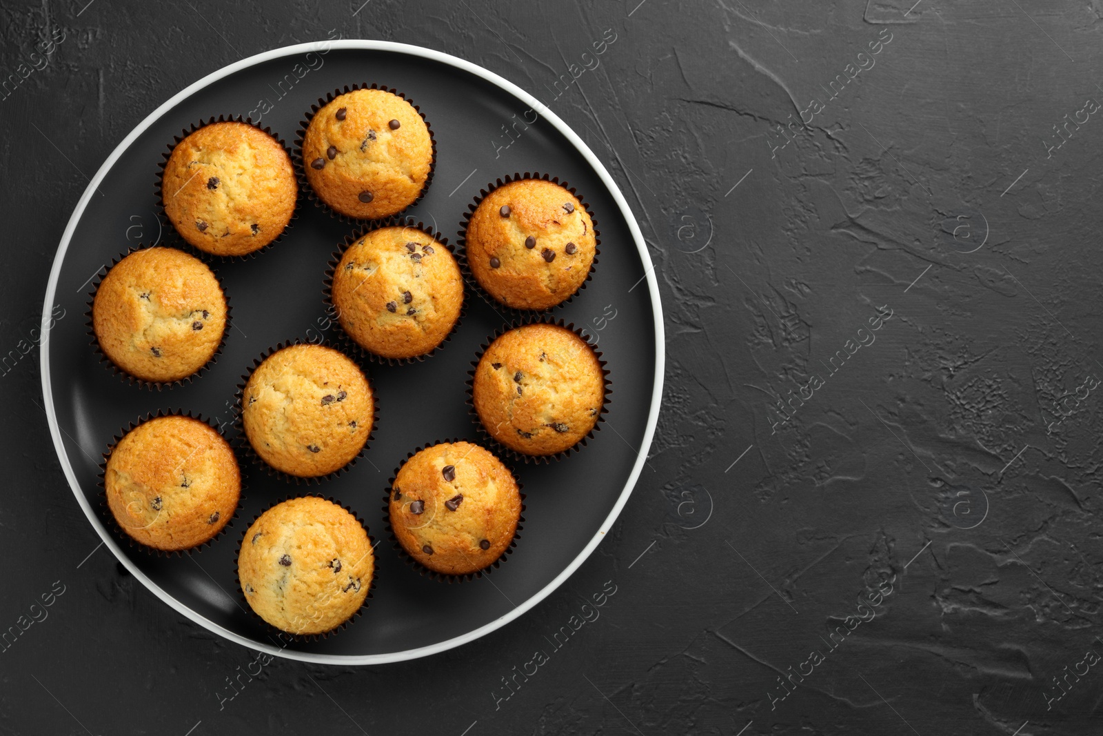 Photo of Delicious freshly baked muffins with chocolate chips on dark gray table, top view. Space for text