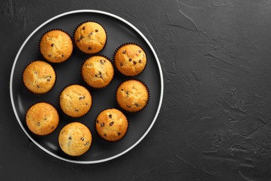 Photo of Delicious freshly baked muffins with chocolate chips on dark gray table, top view. Space for text