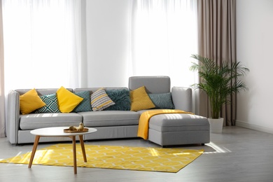 Photo of Stylish living room interior with comfortable sofa. Space for text