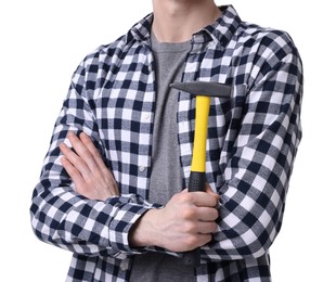 Young man holding hammer on white background, closeup