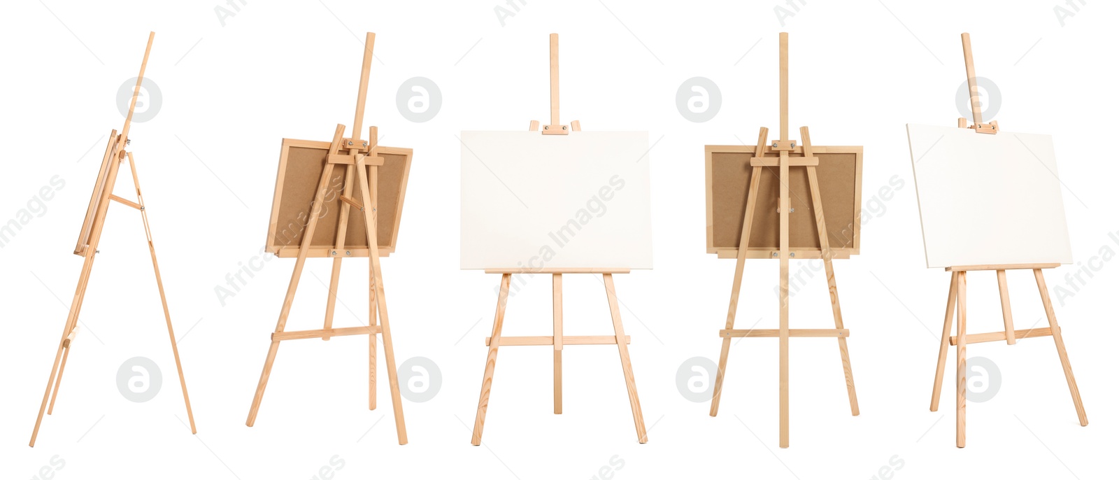 Image of Wooden easel isolated on white, different sides