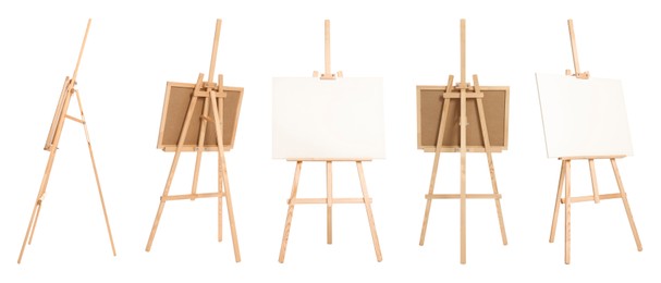 Image of Wooden easel isolated on white, different sides