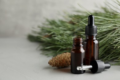 Pine essential oil, cone and branches on light grey table. Space for text