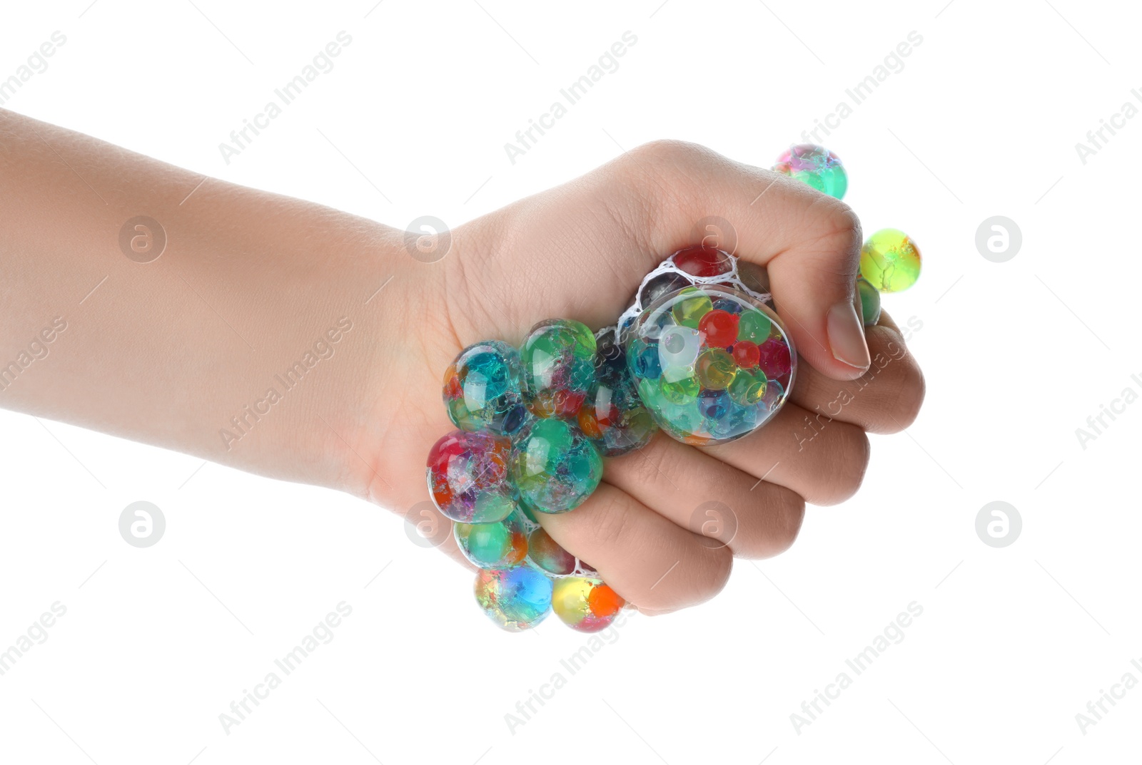 Photo of Woman squeezing colorful slime isolated on white, closeup. Antistress toy