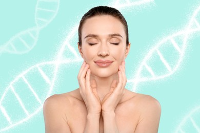 Beautiful young woman against light turquoise background with illustration of DNA chains