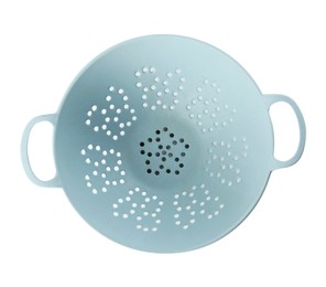 Photo of New plastic colander isolated on white, top view. Cooking utensils
