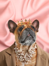 French bulldog dressed like royal person against pink background