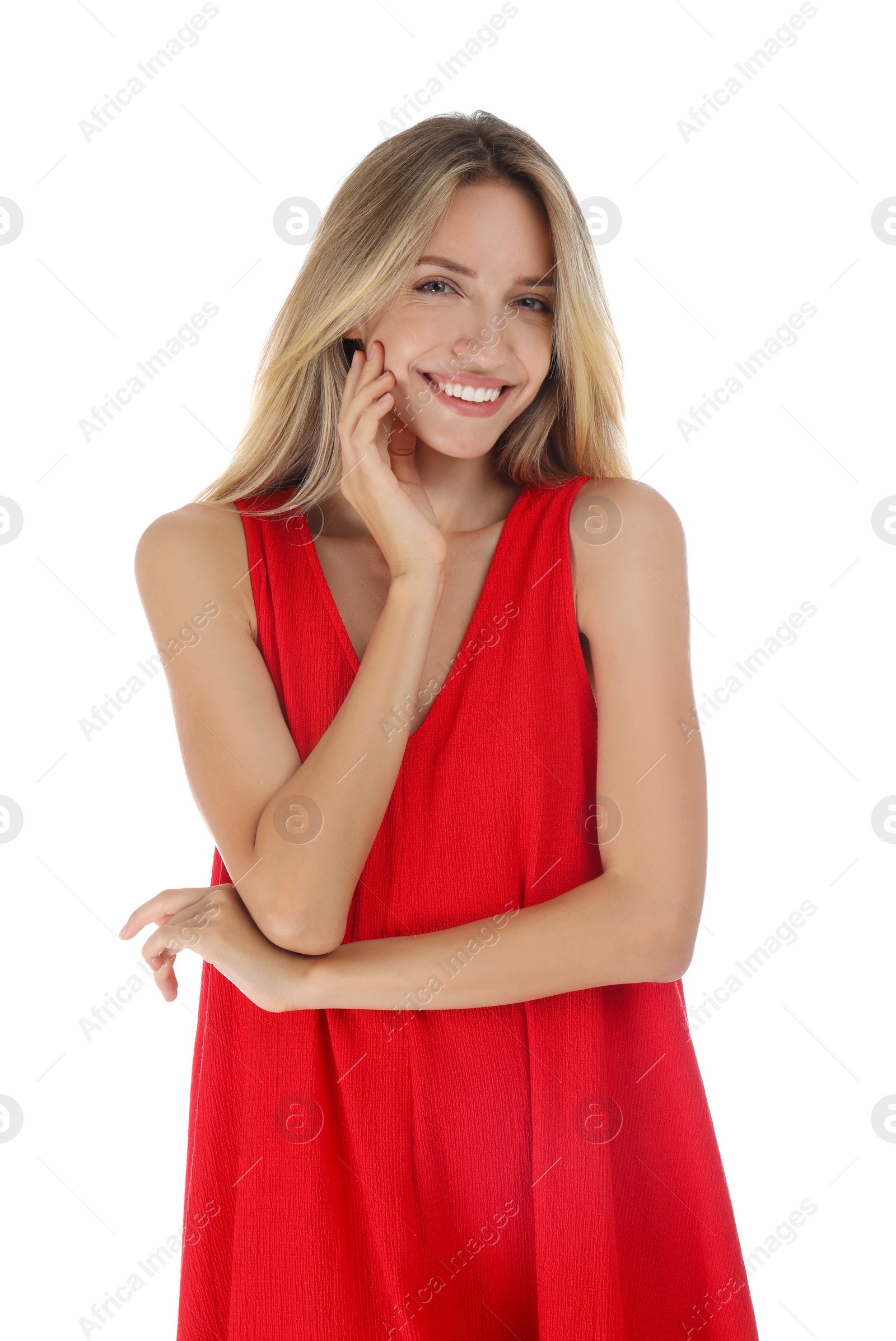 Photo of Young woman wearing stylish red dress on white background