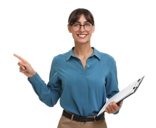 Photo of Happy secretary with clipboard pointing at something on white background