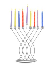 Photo of Hanukkah celebration. Menorah with colorful candles isolated on white