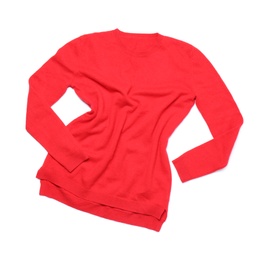 Photo of Red cashmere sweater isolated on white, top view