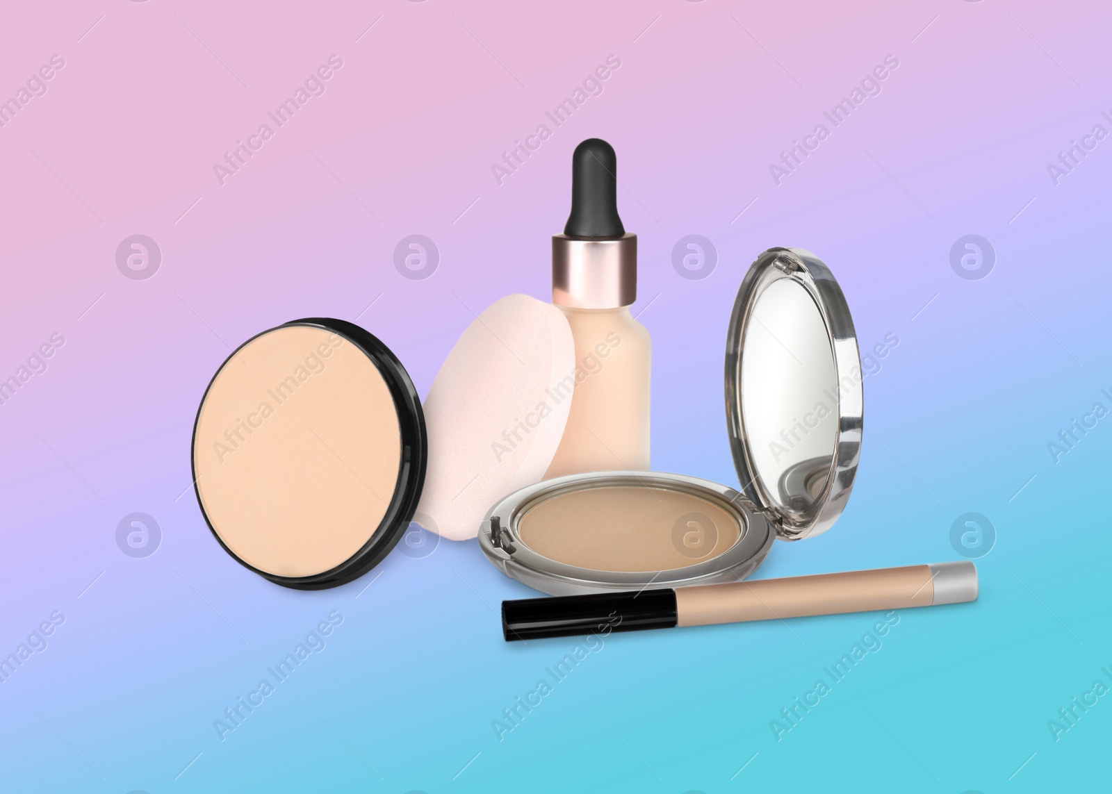 Image of Set with different decorative cosmetics on color background. Luxurious makeup products