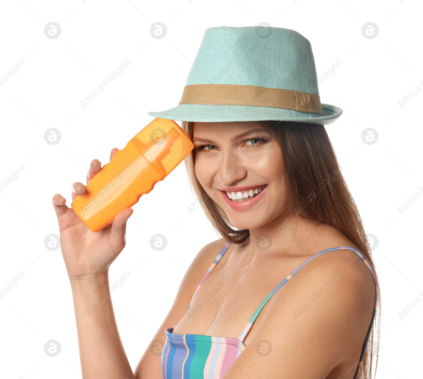 Photo of Woman with bottle of sun protection body cream on white background