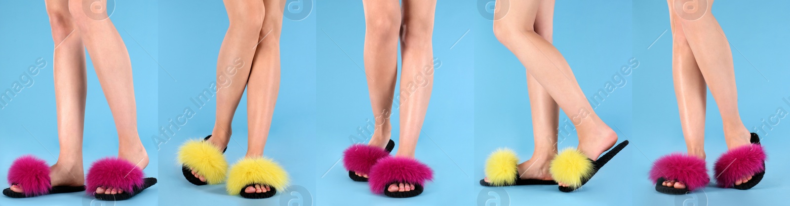 Collage with photos of women wearing stylish slippers on blue background, closeup. Banner design Image of Collage with photos of women wearing stylish slippers on blue background, closeup. Banner design