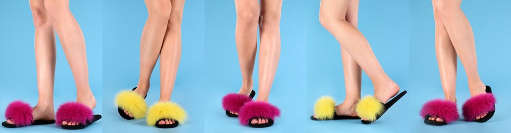 Image of Collage with photos of women wearing stylish slippers on blue background, closeup. Banner design