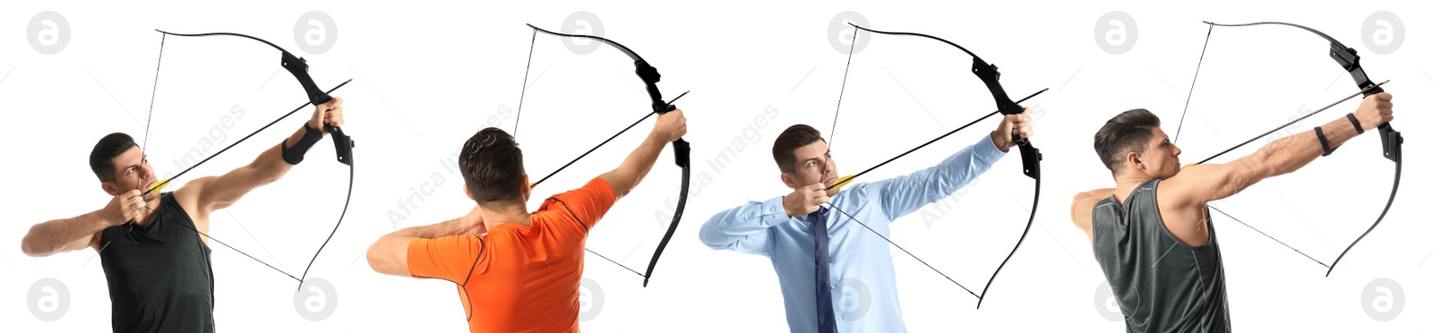 Image of Man practicing archery on white background, collage. Banner design