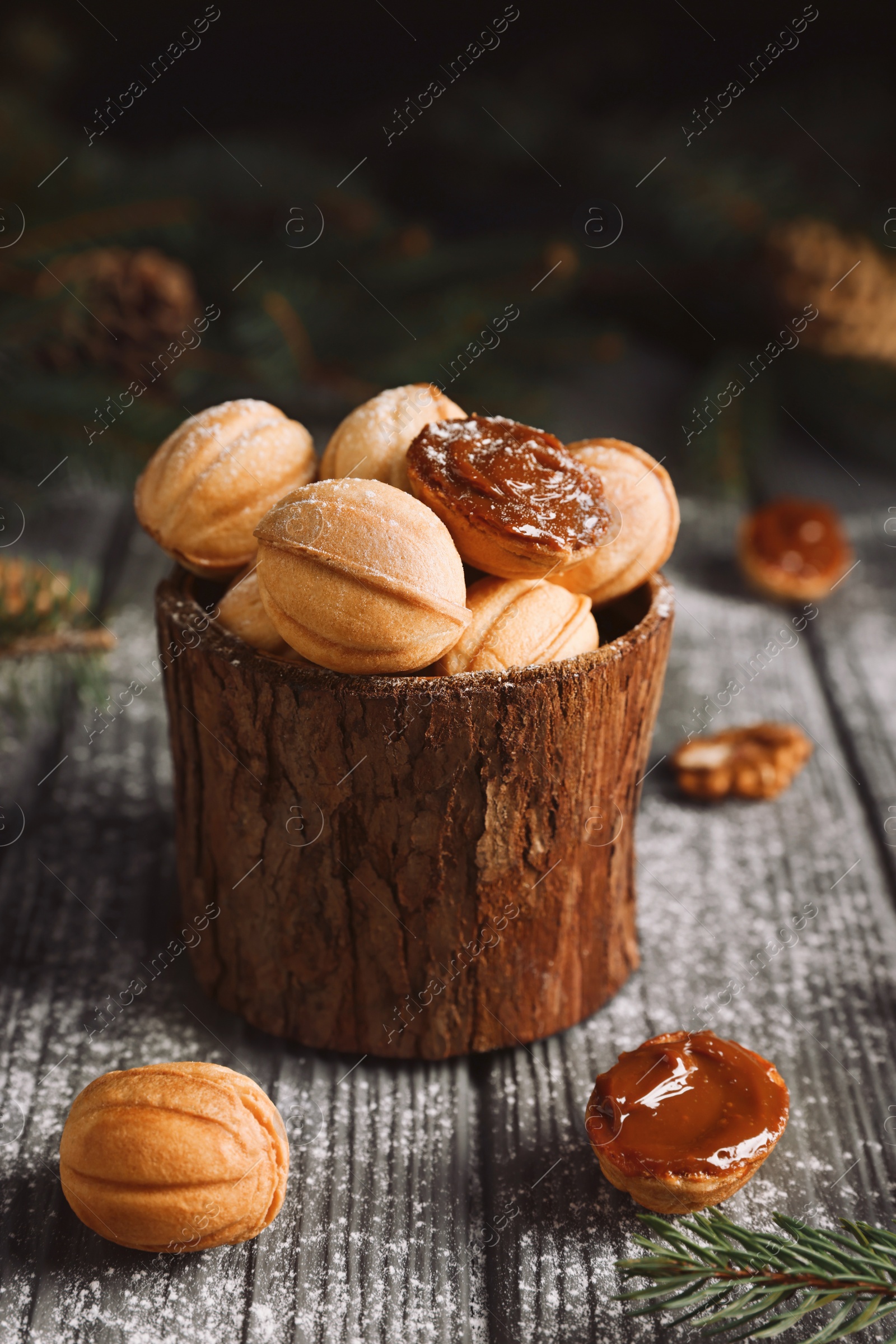 Photo of Homemade walnut shaped cookies with boiled condensed milk, fir branches and cones on wooden table