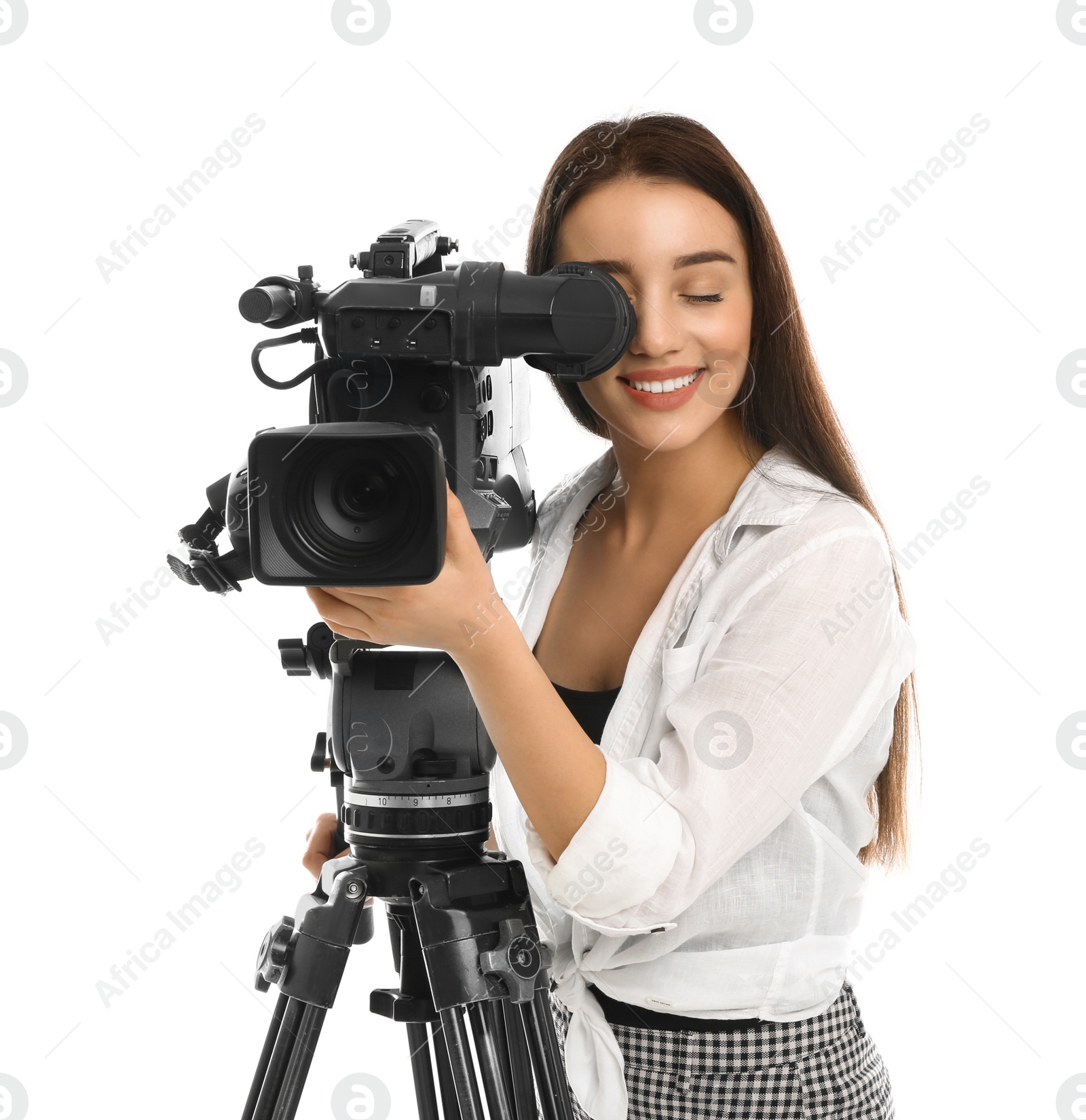 Photo of Operator with professional video camera on white background