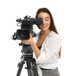 Operator with professional video camera on white background