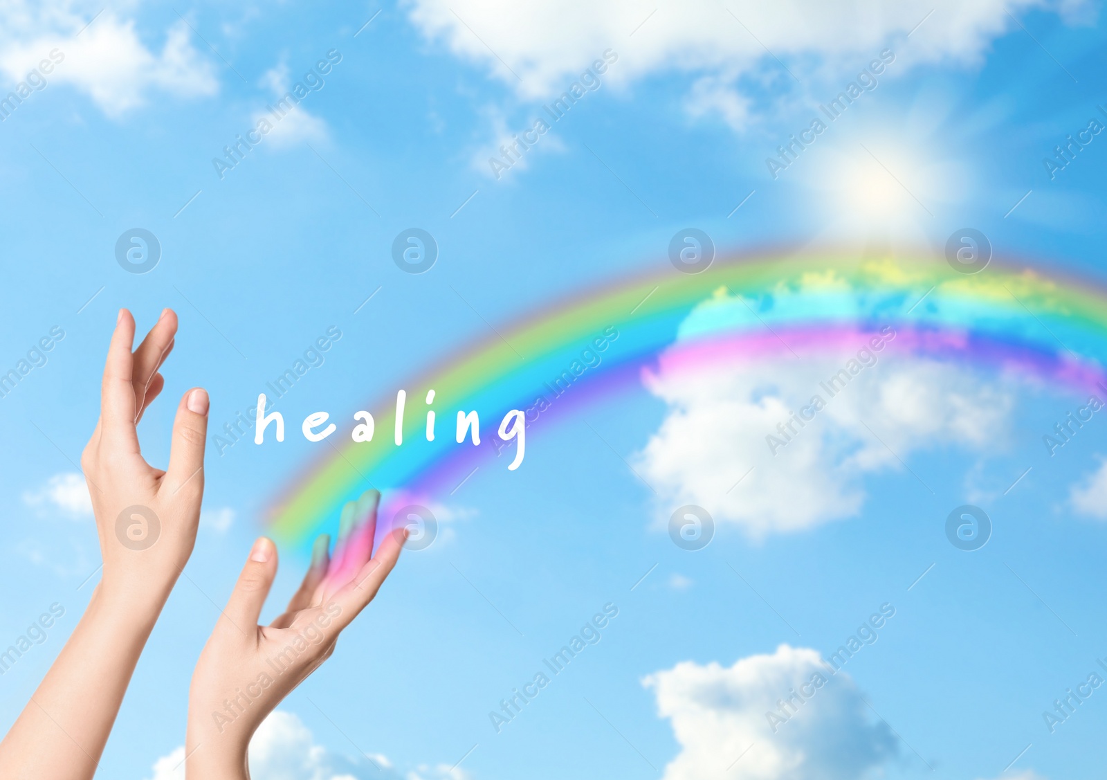 Image of Woman and rainbow as source of healing energy on sunny day, closeup