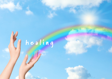 Image of Woman and rainbow as source of healing energy on sunny day, closeup