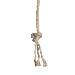 Photo of Rope with knot on white background. Simple design