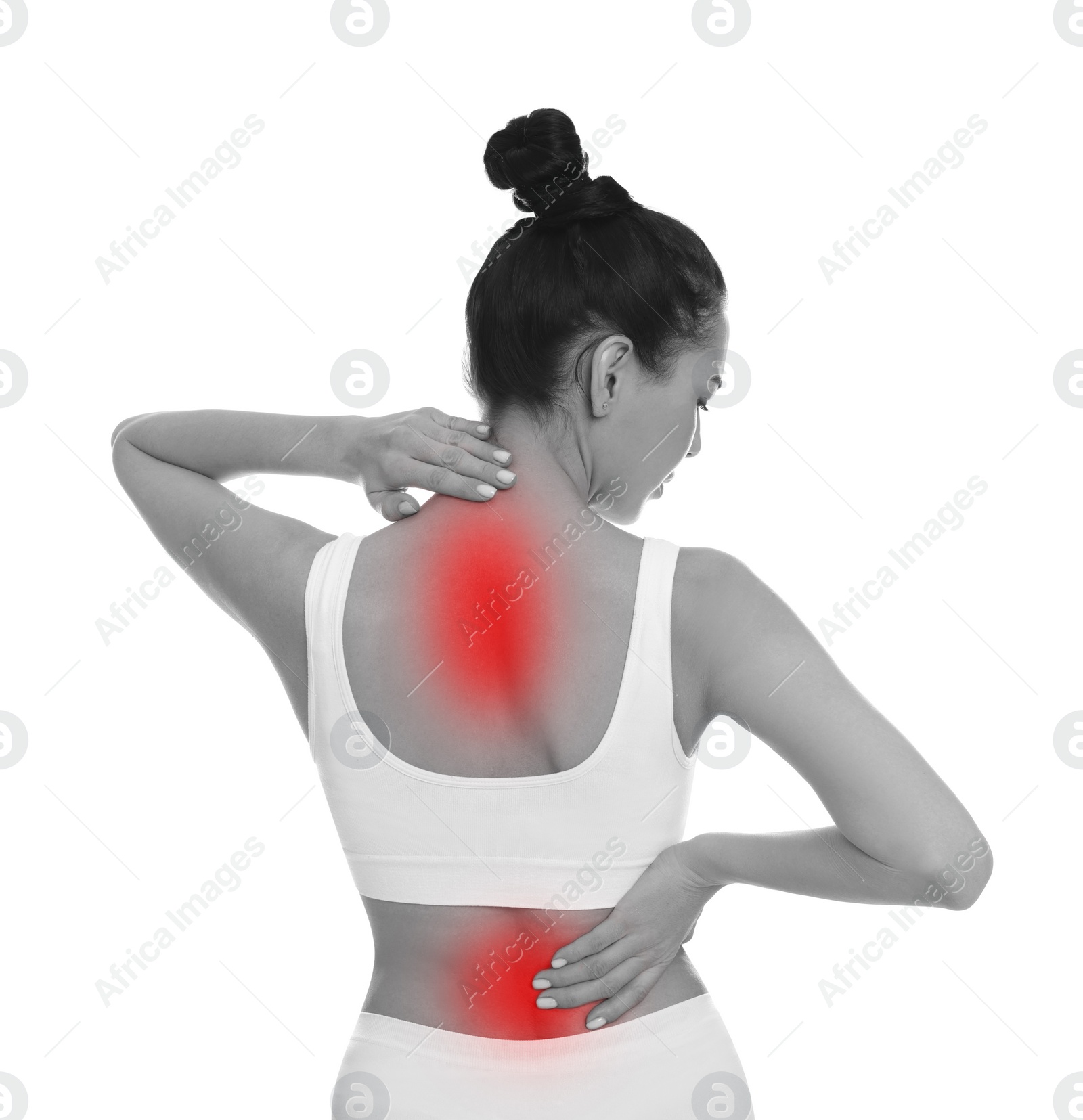 Image of Woman suffering from back pain on white background