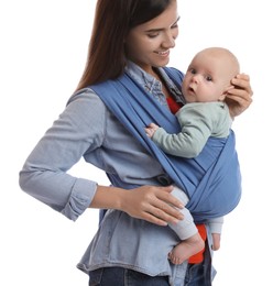 Mother holding her child in sling (baby carrier) on white background, closeup