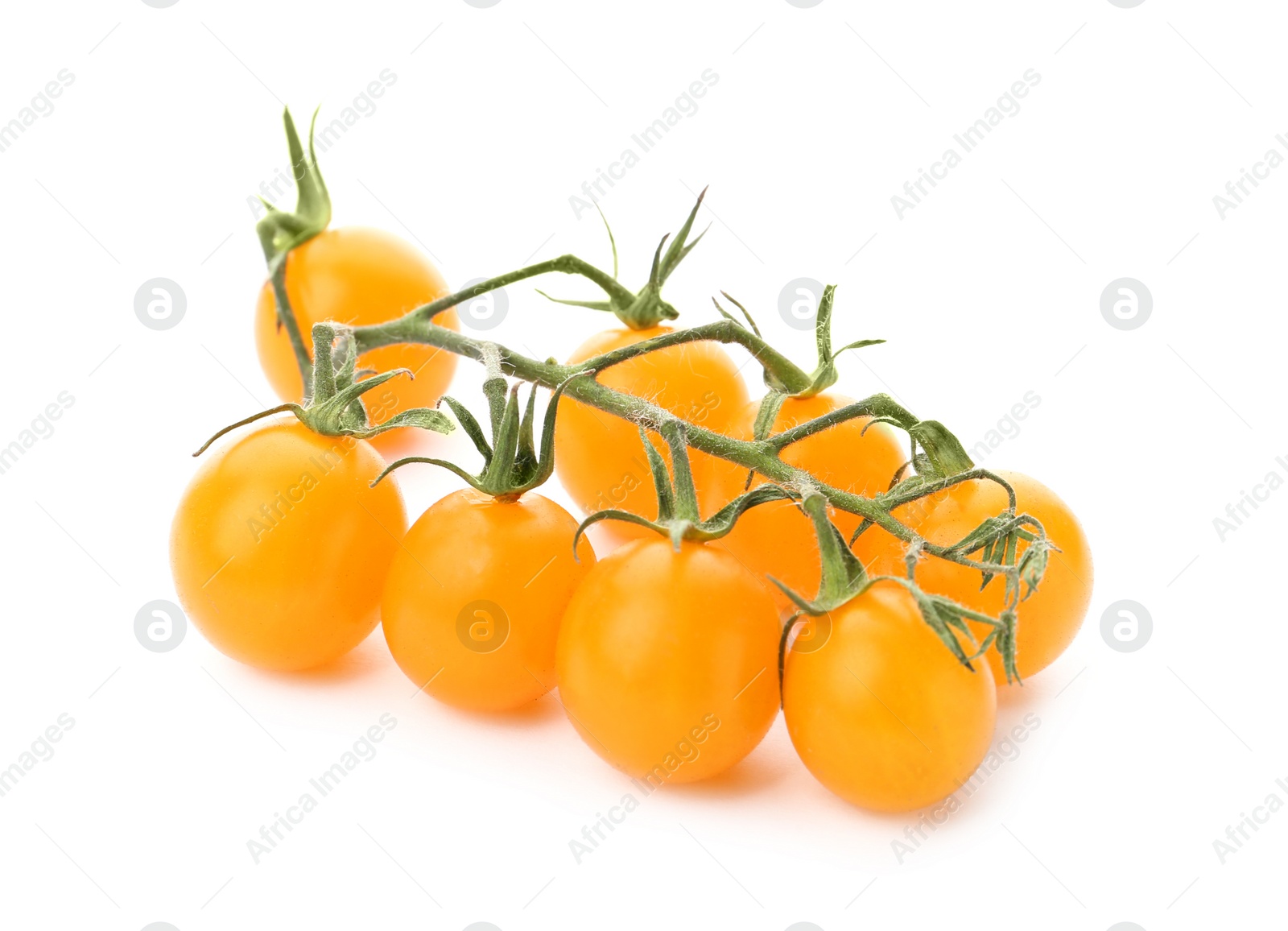 Photo of Branch of ripe yellow cherry tomatoes on white background