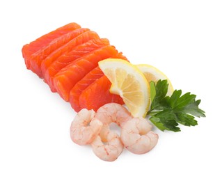 Photo of Delicious sashimi set of salmon and shrimps served with lemon and parsley isolated on white