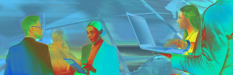 Image of Multiple exposure of business people and building, view through thermal camera. Temperature detection - Covid spreading prevention measure, banner design