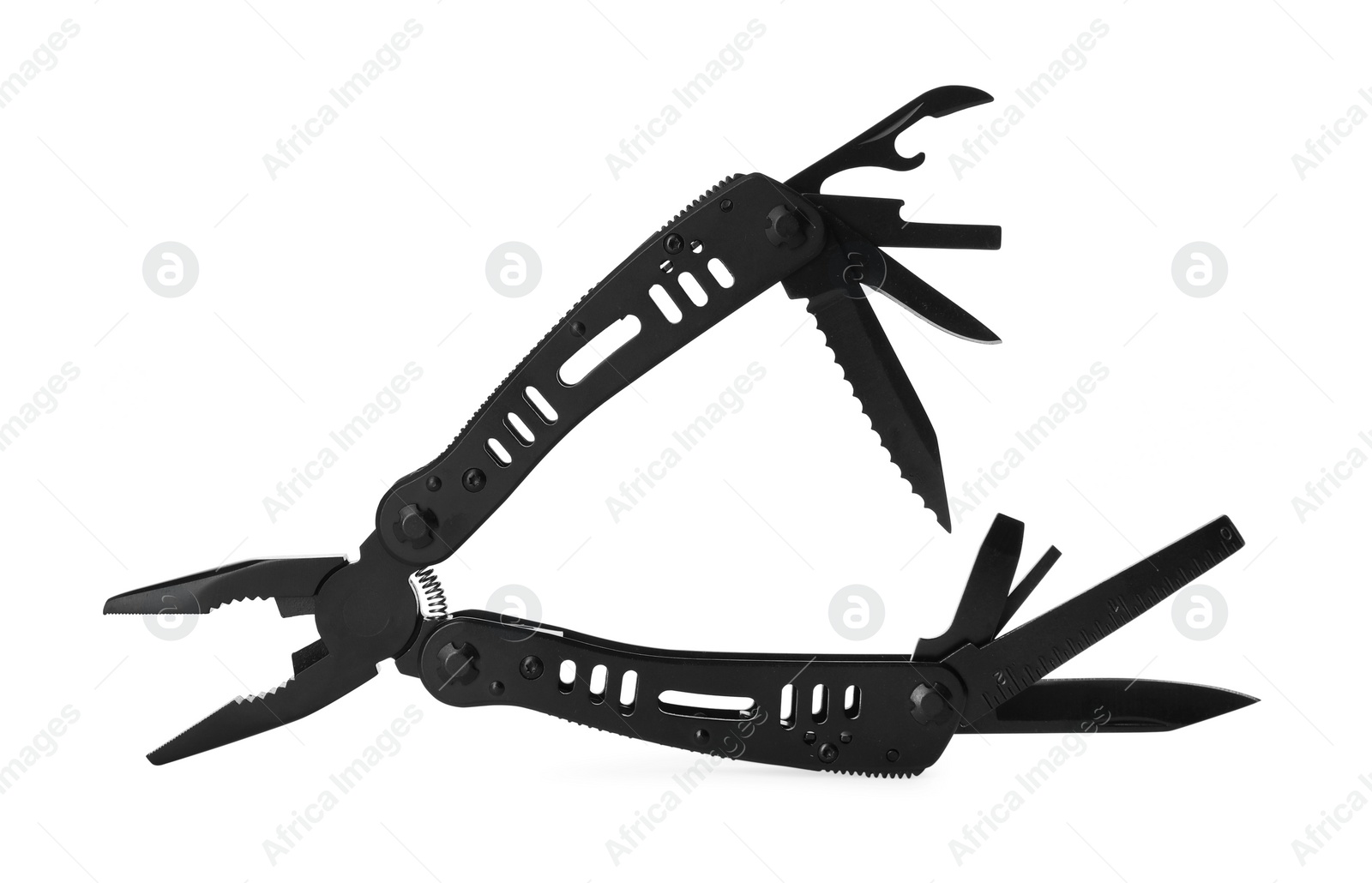 Photo of Compact portable black multitool isolated on white