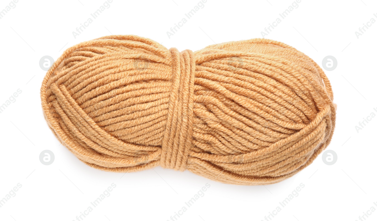 Photo of Orange woolen yarn isolated on white, top view