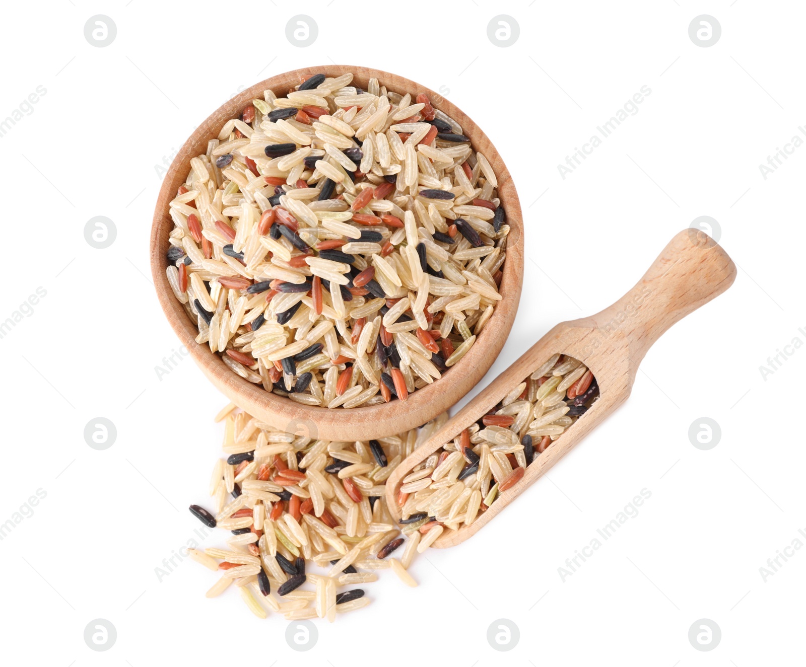 Photo of Bowl and scoop with mix of brown rice isolated on white, top view