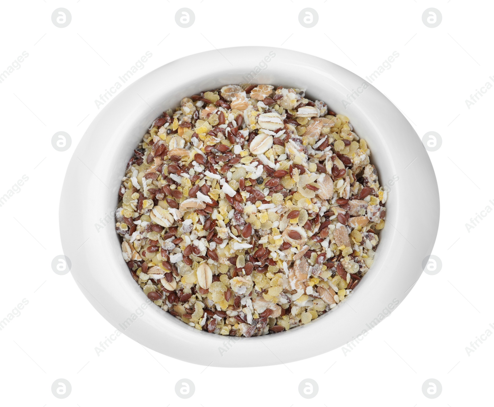 Photo of Granola in bowl on white background, top view. Healthy snack